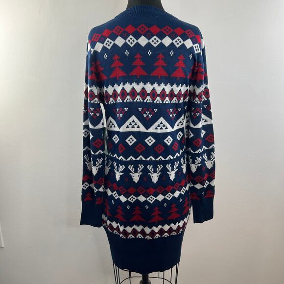 TIPSY ELVES Blue Red White Sweater Dress Knit Sequin Fair Isle Size Large L NEW - Picture 4 of 12